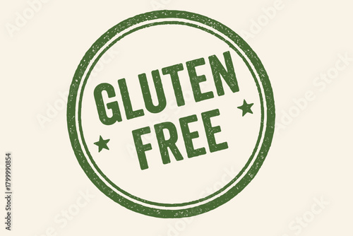 Circular badge GLUTEN FREE uppercase eco green tone ink texture slightly tilted composition