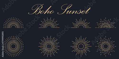 Boho sunset icon. Collection of sunburst and sunrise icons. Golden star, sunburst, light rays. Bohemian gold gradient symbol bursting sunray. Magic ornate talisman, antique style, boho, logo. 