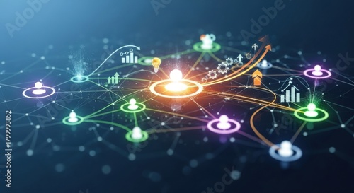 Network connecting people and ideas represents business growth and success through digital communication and technological innovation showing interconnectedness and strategic planning for future mark
