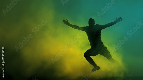 Wallpaper Mural Dynamic soccer player silhouette celebrates with arms outstretched against vibrant green and yellow smoky backdrop, inspiring victory and athletic prowess Torontodigital.ca