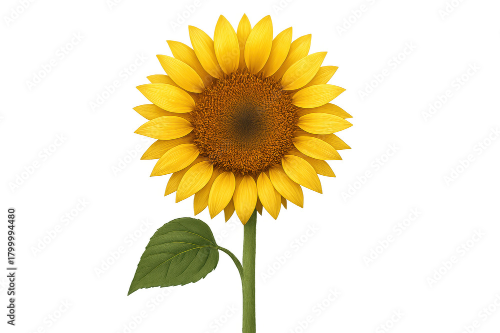 Obraz premium Sunflower isolated on a transparent background, displaying yellow petals, a brown center, green stem and leaf