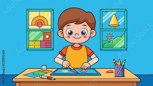 Young boy creating paper art on desk with smiling expression