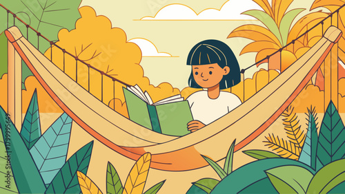 Young girl reading a book in a hammock outdoors