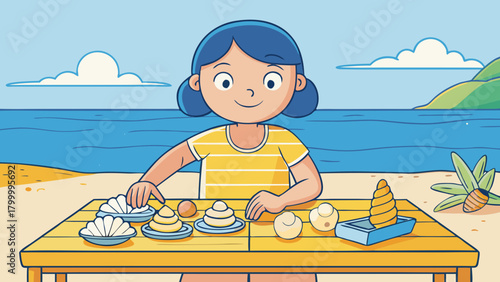 A happy girl arranging seashells on a beachside table