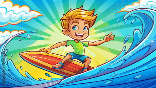 Cartoon boy surfing on a wave in the bright sunlight