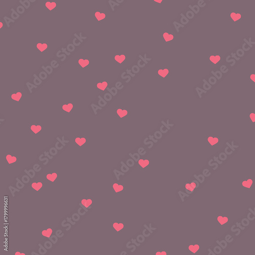 Seamless muted mauve background with scattered small pink hearts, soft romantic pattern ideal for Valentine’s Day, wedding stationery, wrapping paper, textiles and cute digital designs.