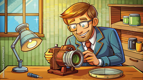 Happy man with glasses cleaning vintage camera lens