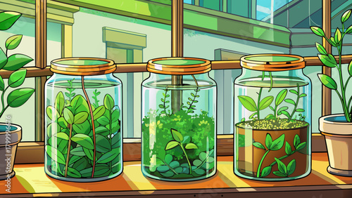 Jarred plants on a windowsill with bright sunlight