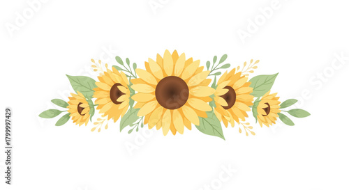 A decorative arrangement of sunflowers with green leaves and small yellow sprigs on a white background.