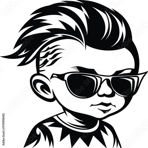 Confident boy with styled hair and sunglasses sports a modern patterned shirt in black and white