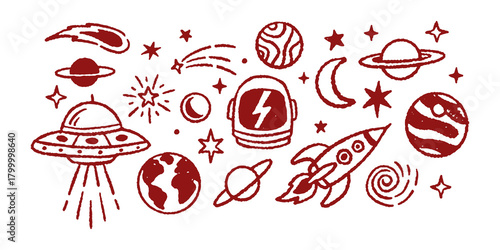 Quadro em tela Hand drawn space theme vector illustration set with UFOs, rockets, planets, stars, comets, and astronauts in a doodle art style
