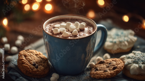 Cup of hot chocolate with marshmellows and cookies