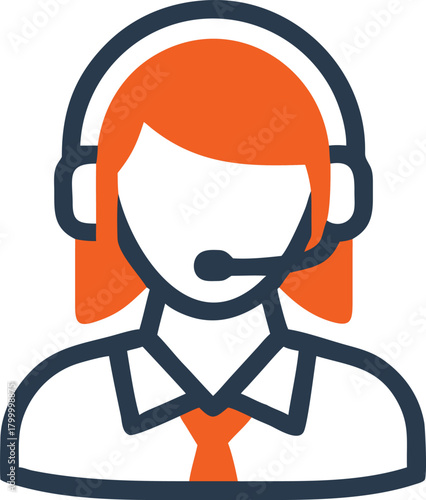 An abstract female figure with orange hair wears a headset and a tie