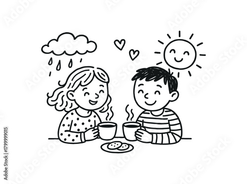 handdrawn cute doodle style having tea after rain vector line illustration