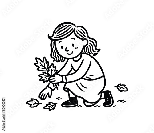 handdrawn cute doodle style woman collecting fallen leaves vector line illustration