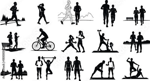fitness, exercise, silhouette, posture, motion, partner, outdoor, walk, jog, cycle, stretch, weight, gear, icon
