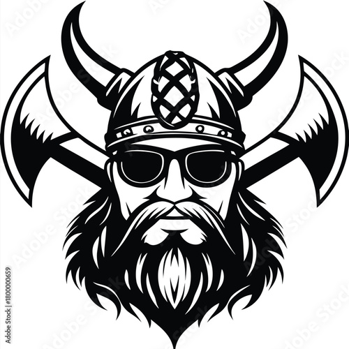 Black and white shows a Viking with a horned helmet and axes