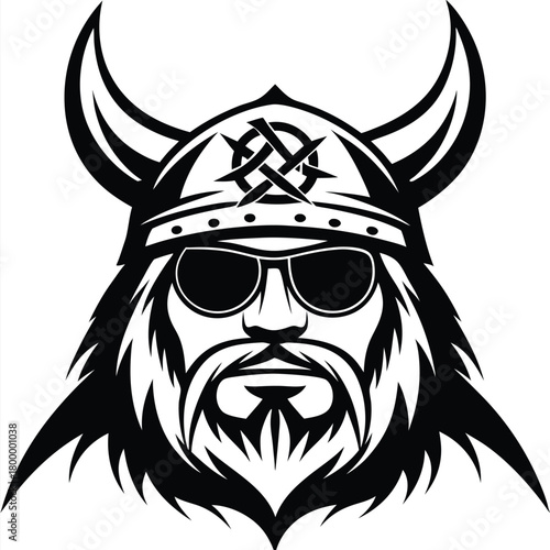 Horned helmet Viking warrior with beard sports sunglasses in bold black and white