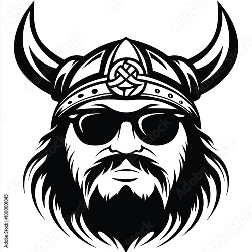 Bearded viking warrior wearing sunglasses and horned helmet exudes fierce power in black