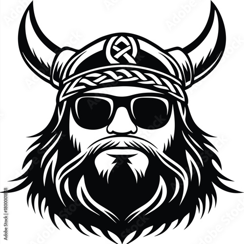 Black and white of a stylish bearded Viking wearing sunglasses and horned helmet