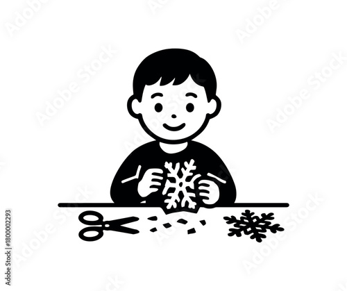child making paper snowflakes flat black solid vector illustration isolated on white background