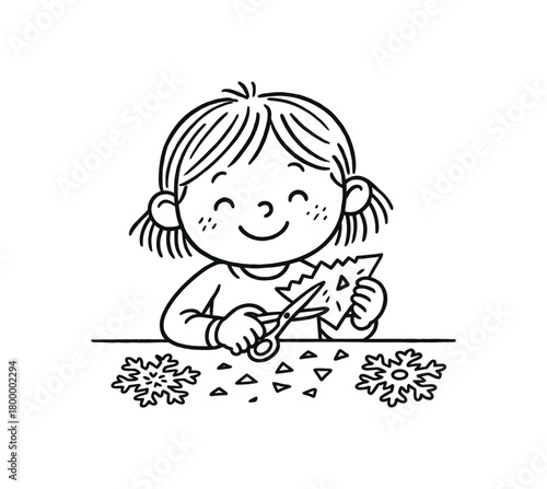 handdrawn cute doodle style child making paper snowflakes vector line illustration