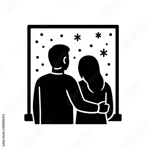 couple watching snowflakes outside flat black solid vector illustration isolated on white background