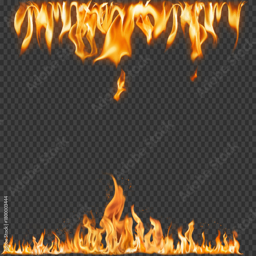 Hot realistic orange fire flames frame with fiery sparks isolated