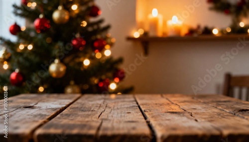 Cozy Christmas background with a rustic wooden table, glowing candles, and a decorated tree. Festive holiday scene for product placement or design