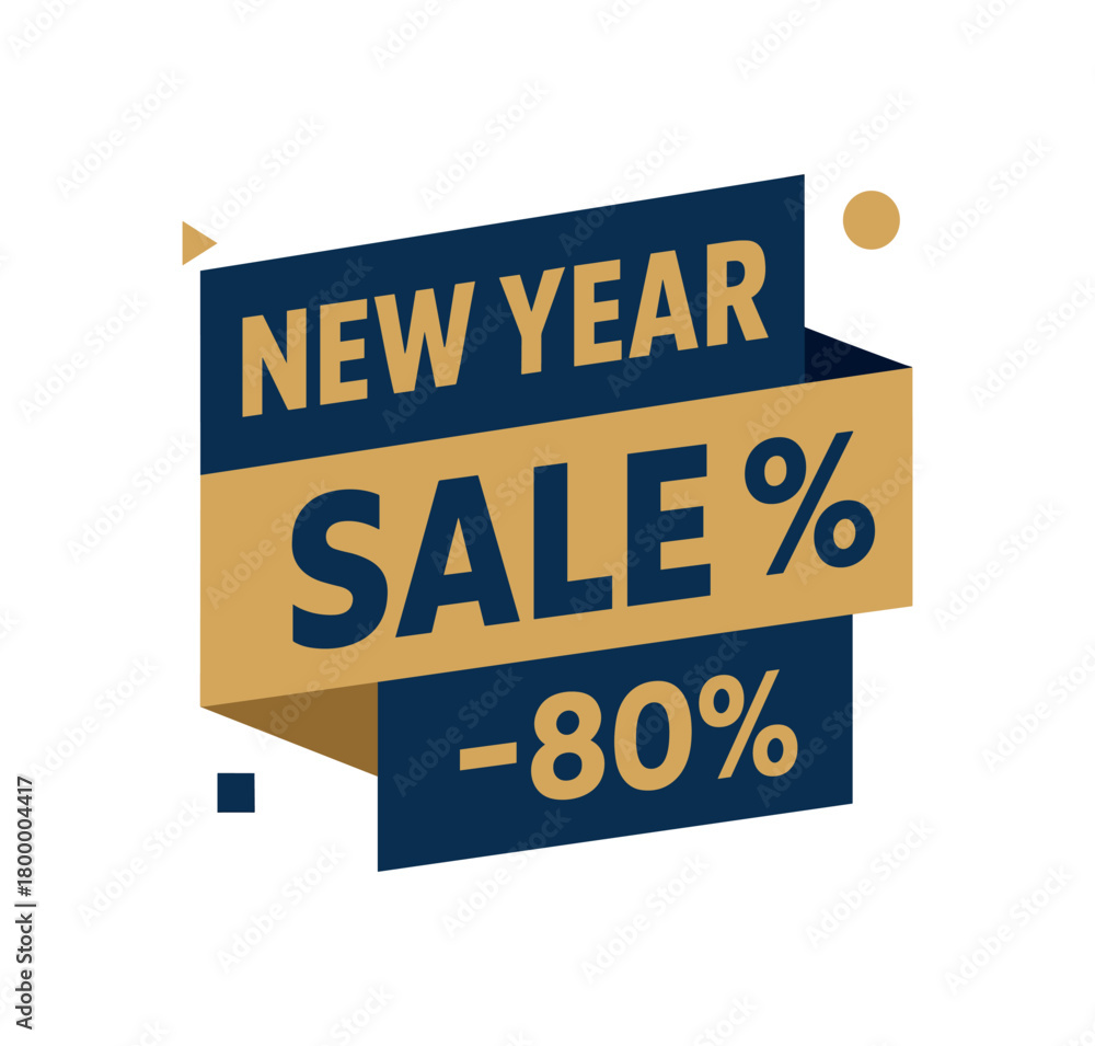 Obraz premium Flat vector banner design text New Year Sale 80% bold geometric font gold and navy palette ribbon folded shape