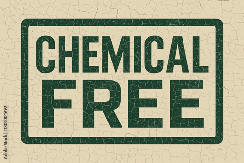 Rectangular badge CHEMICAL FREE condensed geometric letters dark green ink cracked surface texture