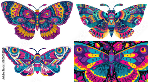 Ornate neon butterflies and moths with patterned wings in vivid magenta, teal, and yellow. Decorative insect illustrations ideal for stickers, prints, posters, and boho craft designs.