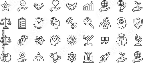 Collection of hand drawn line art icons representing justice law ethics and business concepts