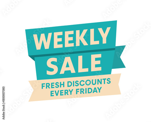 Flat vector banner design text Weekly Sale subtitle Fresh discounts every Friday bold geometric font turquoise and beige palette ribbon folded shape