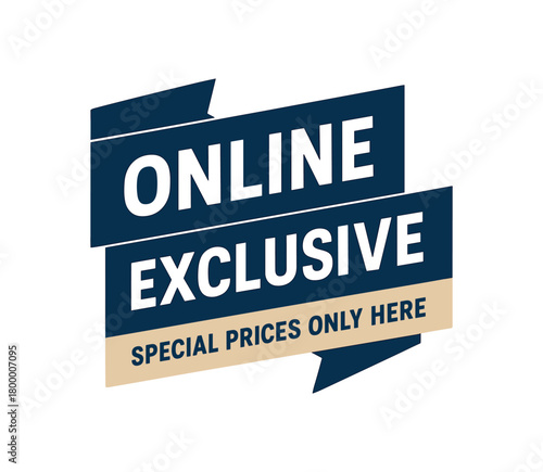 Flat vector banner design text Online Exclusive subtitle Special prices only here bold geometric font navy and beige palette ribbon folded shape