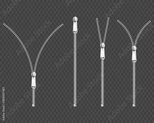 Realistic silver zippers, set of open, closed, and unzipped forms.