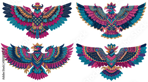 Decorative eagle emblems with layered feathers and geometric accents in jewel tones, a bold heraldic illustration set for logos, stickers, prints, and cultural designs.