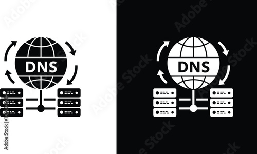 DNS server connection icon illustration, global network data exchange concept, domain name system configuration, internet hosting, web technology communication vector design