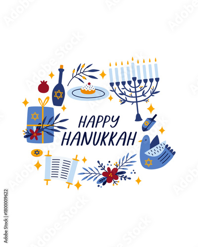 Hanukkah greeting card. Traditional jewish holiday illustration design with happy hanukkah congratulation. Vector cartoon illustration isolated on a white background.