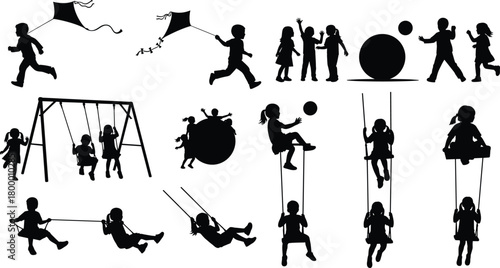 children, outdoor, play, silhouette, motion, activity, swing, ball, kite, tug, posture, fun, group, icon