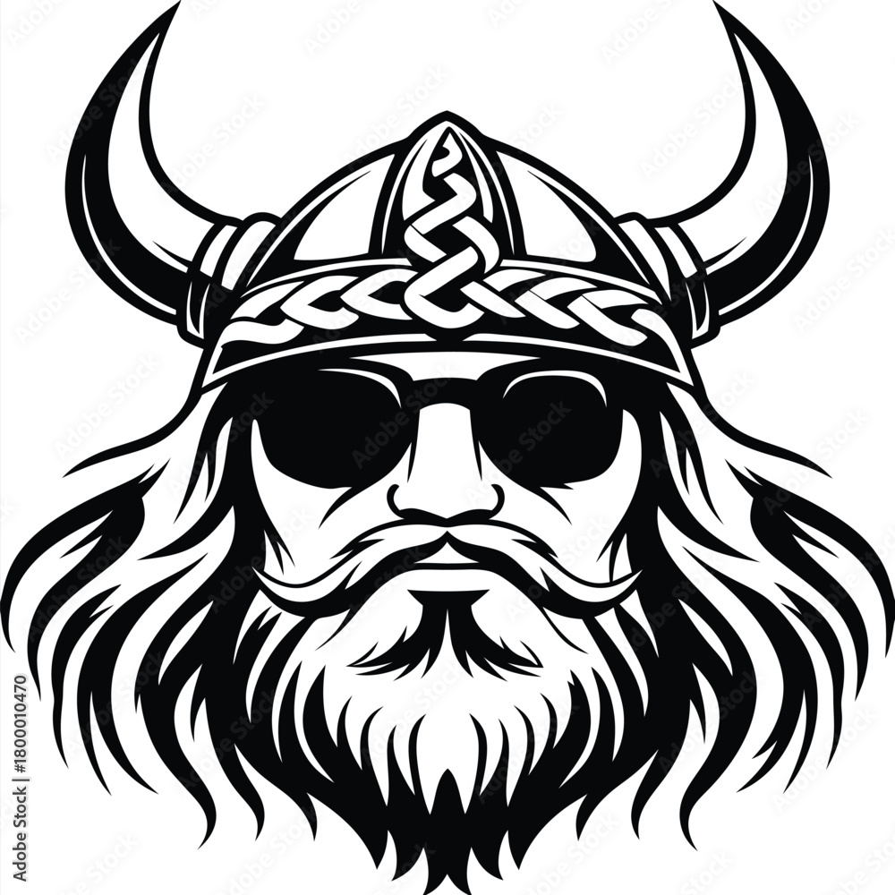 Obraz premium Cool Viking wearing sunglasses with horned helmet and long beard is displayed