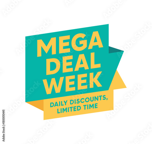 Flat vector banner design text Mega Deal Week subtitle Daily discounts limited time bold geometric font turquoise and palette ribbon folded shape