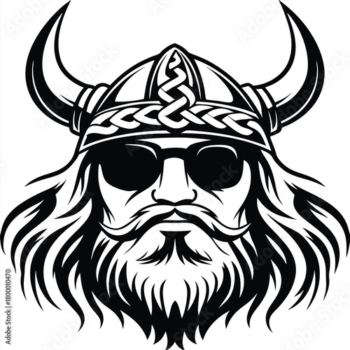 Cool Viking wearing sunglasses with horned helmet and long beard is displayed