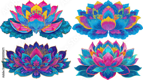 Vibrant lotus blossoms with layered petals in cyan and magenta tones, detailed botanical art for wellness branding, meditation decor, invitations, and prints.