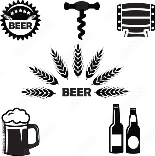 Beer icons set – Brewery symbols, beer mug, bottles, wheat, barrel and opener vector illustration