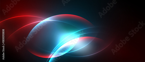 Abstract design features vibrant curves, glowing lines. Red, blue hues blend into dark background creating dynamic visual effect.