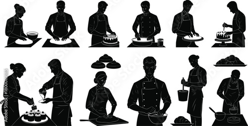 baking, cooking, chef, silhouette, pastry, dough, mixing, decorating, apron, kitchen, food, action, gear, icon