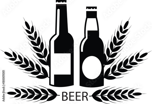 Beer bottles icon – Brewery label with wheat, craft drink vector