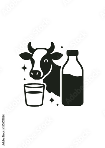 Dairy product icon with cow milk bottle and glass symbolizing farm freshness nutrition natural production and wholesome agricultural food sources in clean black silhouette style
