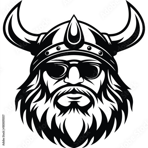 A bearded Viking warrior with sunglasses wearing a horned helmet in black and white